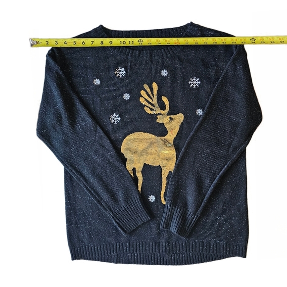 KAREN SCOTT Christmas Whimsy Sweater Black w/ Speckles & Sequin Reindeer Size L - Picture 10 of 12